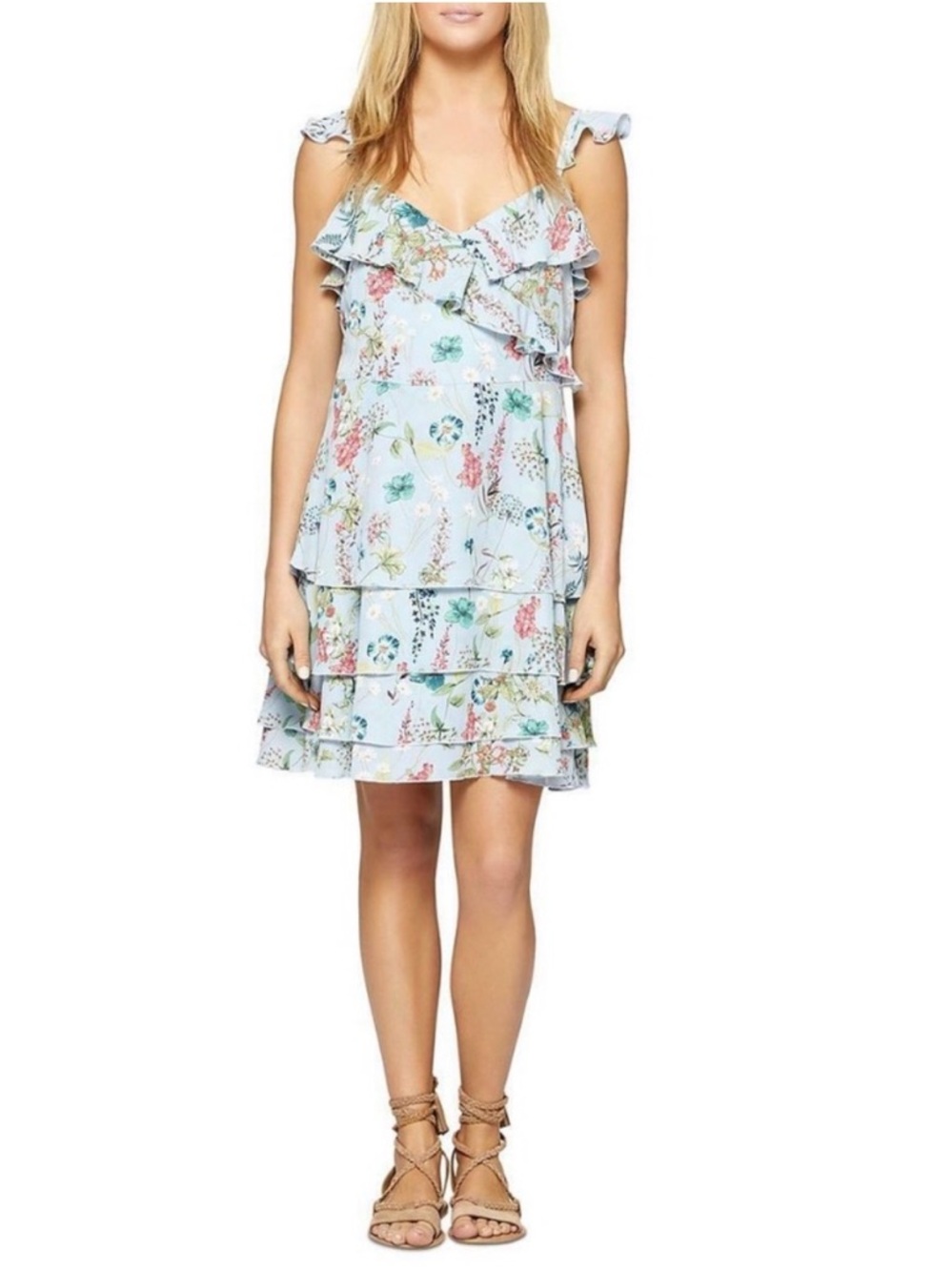 Sanctuary Light Blue Floral Ruffle Tiered Mini Dress Size S Romantic Cottage